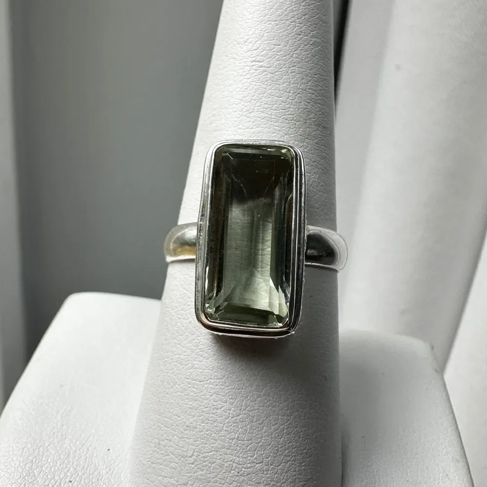 NWT 5ct emerald‎ cut Prasiolite ring in Bali sterling silver!